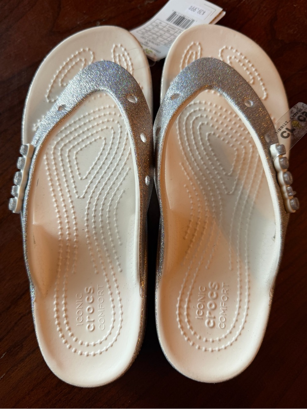 CROCS Women's White with Silver Glitter Strap Flip Sandals